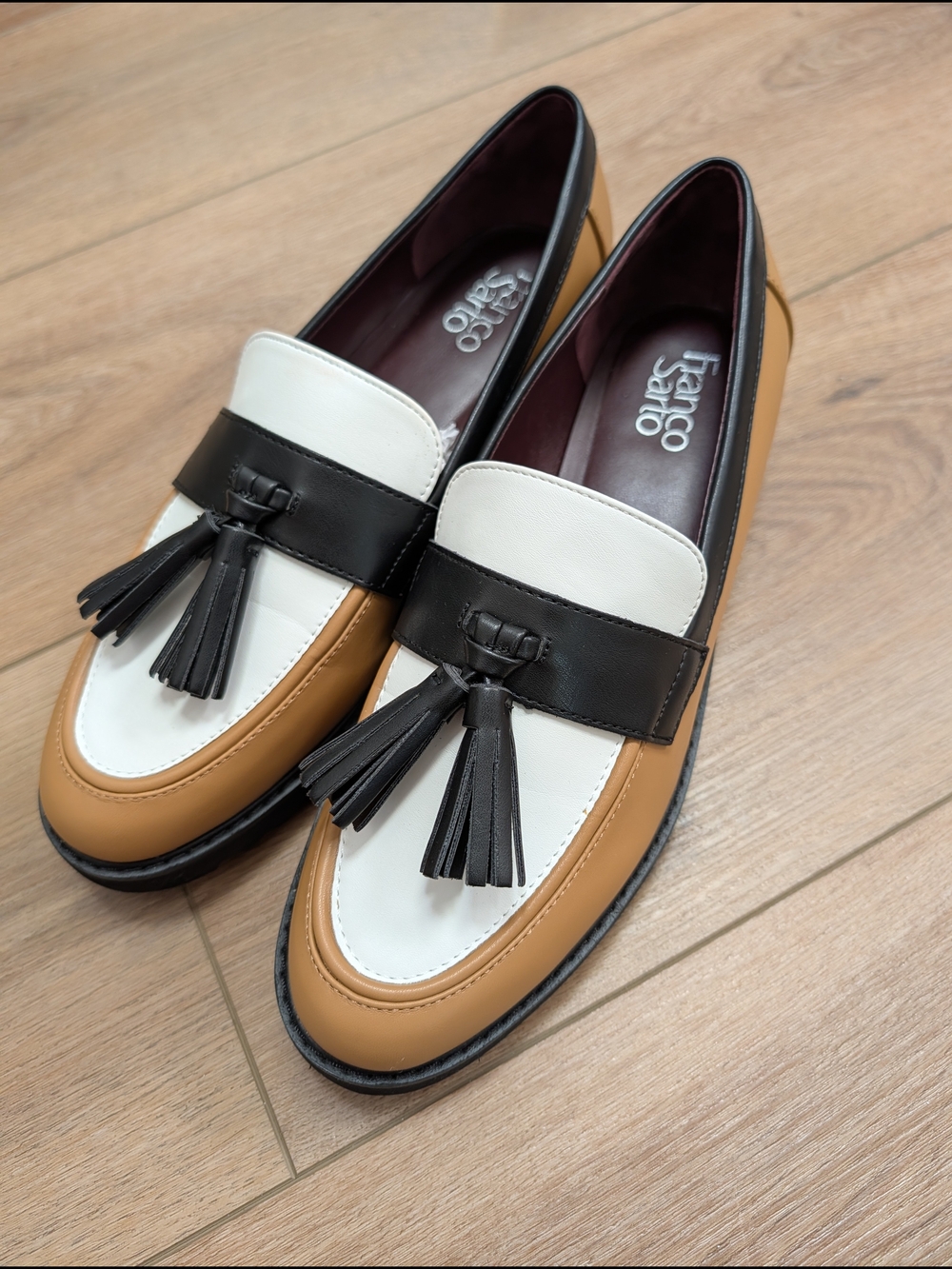 Franco Sarto Women’s Tan White Black Tassel Loafers